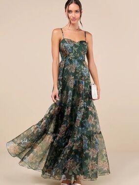 Lulus Exclusive Glamour Green Floral Organza Tiered Maxi Dress - Size M